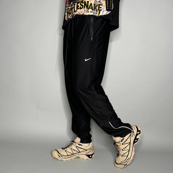 Vintage Y2K Nike Sweatpants Mens L Jet Black White Swoosh Ankle Zippers Joggers - Picture 1 of 4